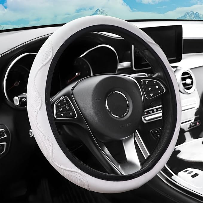 zipelo Elastic Stretch Steering Wheel Cover, Microfiber Breathable Ice Silk, Universal 15 Inch Anti-Slip Car Steering Wheel Protector, Warm in Winter and Cool in Summer for Women (Style2-White)