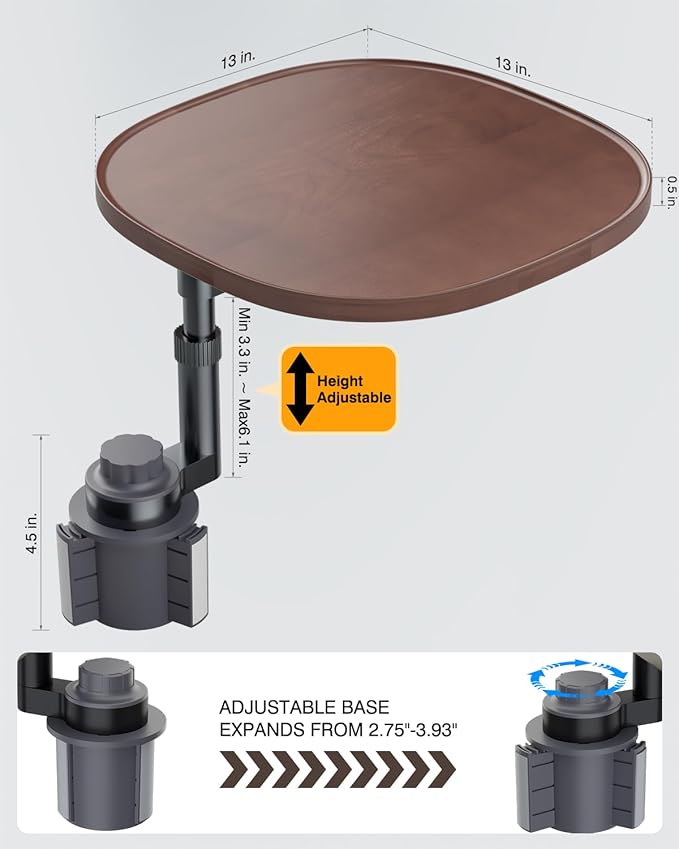 Car Desk for Laptop with 360° Swivel, Height-Adjustable Car Tray Table - Wooden Car Laptop Mount & Cup Holder Table, Universal Car Food Tray for Most Vehicles