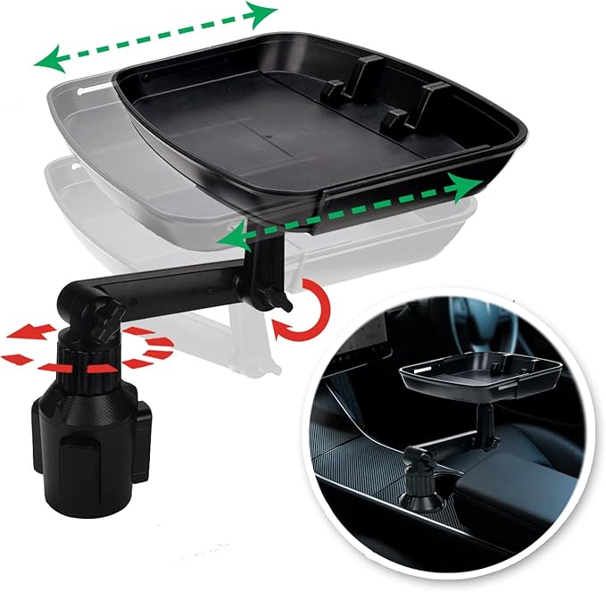 Qihoo Car Cup Holder Tray Table Multifunctional Car Tray for Eating 360° Swivel Adjustable Car Food Eating Tray Table and Base with Extra Phone Slot（Enhanced Tray deepening） Black