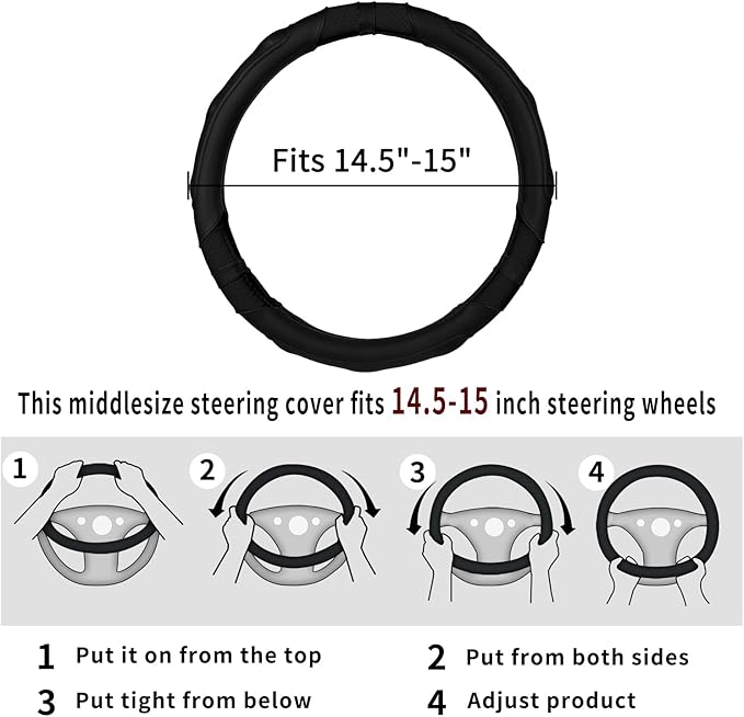 Achiou Black Car Steering Wheel Cover Universal 15 inch with Grip Contours, Leather Auto for Men and Women Non-Slip Breathable Soft and Comfortable