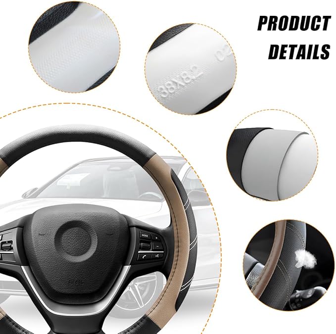 Car Steering Wheel Cover, 15 Inch Carbon Fiber Leather Non-Slip Steering Wheel Protector with Lining, Breathable Automotive Interior Accessories, Universal for SUV RV Truck (Beige)