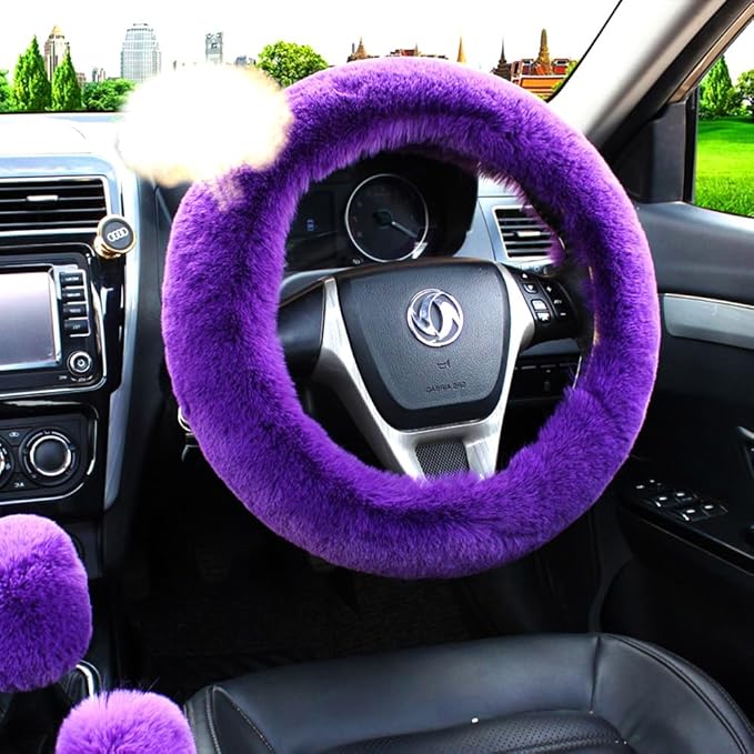 15inches Universal Leather Car Steering Wheel Cover Car Accessories Colorful Fuzzy Steering Wheel Cover Gear Shift Cover Handbrake Cover (Purple)