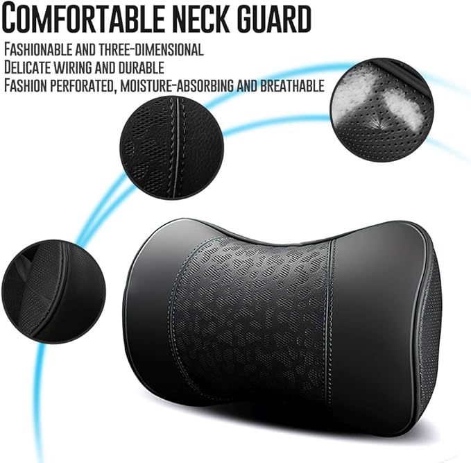HAOTULE Car Leather Neck Pillows, Neck Rest Cushions,100% Memory Foam Cervical Support, Comfortable Travel car Seats and Home Office Soft Pillows, Black a Set (2 pcs)