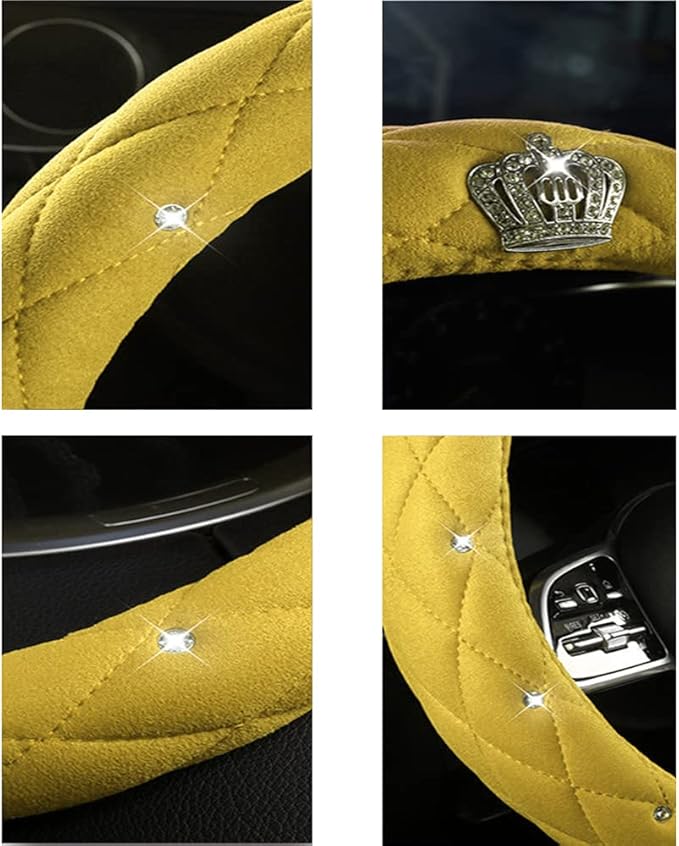 Bling Crown Crystal Car Steering Wheel Cover 15Inch Leather Steering Covers Cute Steering Wheel Protector (Yellow)