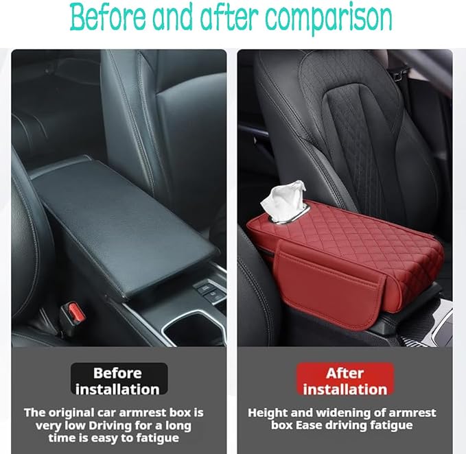 Rneswi Car Armrest Cover Leather Car Console Covers Box Pad with Pocket and Tissue Box Arm Rest Cover for Car for SUV Truck Sedan Vehicle (Favor-red)