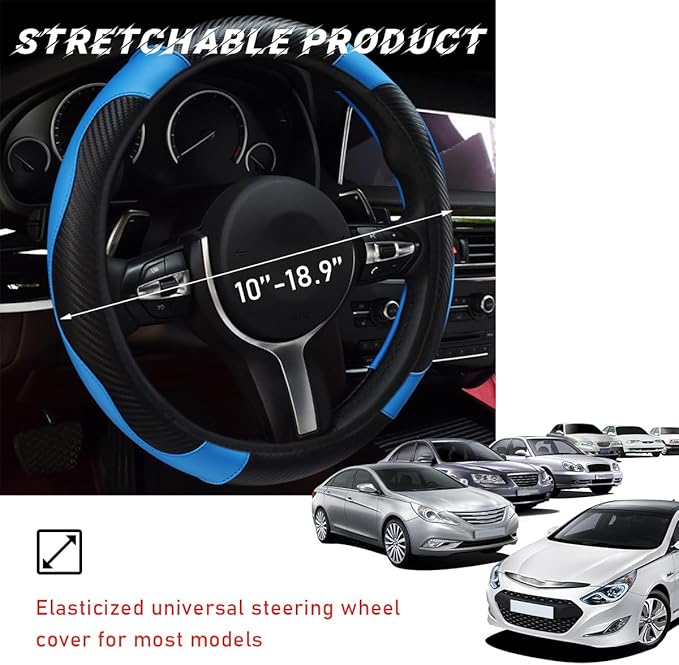 Car Steering Wheel Cover, 15 Inch Leather Breathable Auto Steering Wheel Protector, Comfortable Non-Slip Vehicle Steering Wheel Covers, Universal Interior Car Accessories (Black+Blue)