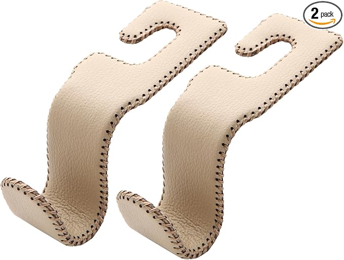 AMVOYOA U-Shaped Car Leather Hooks – Car Purse Holder, Headrest Hooks for Car, Back Seat Organizer - Elevate Your Travel Experience!(Beige)