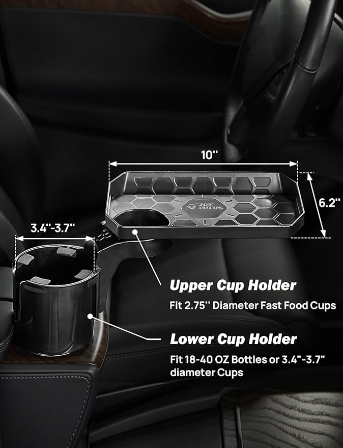 JoyTutus 2 Pack Cup Holder Tray for Car, Car Cup Holder Expander with 360°Rotation Tray, Large Cup Drink Holder Fit for Yeti/Hydro Flask, Detachable Food Tray Table, Road Trip Essentials