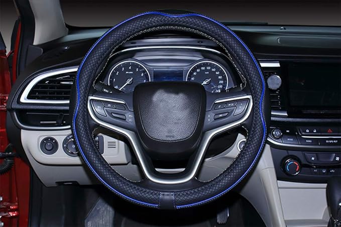 Mayco Bell Small Size Steering Wheel Cover Anti-Slip,Safety,Soft,Breathable,Durable,Full Surround,Comfortable Grip Microfiber Leather (14-14.25 inch,Black Dark Blue)