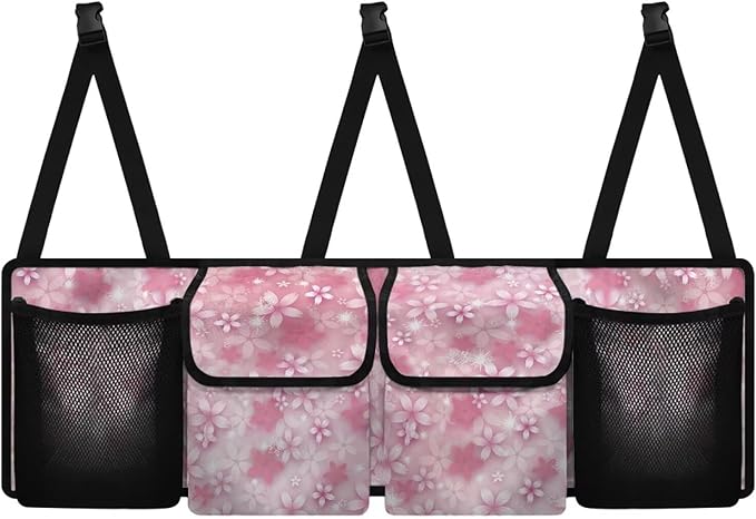 Dreaweet Pink Cherry Blossom Trunk Organizer for Car Women Hanging Back Seat Storage with 4 Pockets Collapsible Car Cargo Trunk Storage Organizer Bag for Truck,SUV,Van with Adjustable Straps