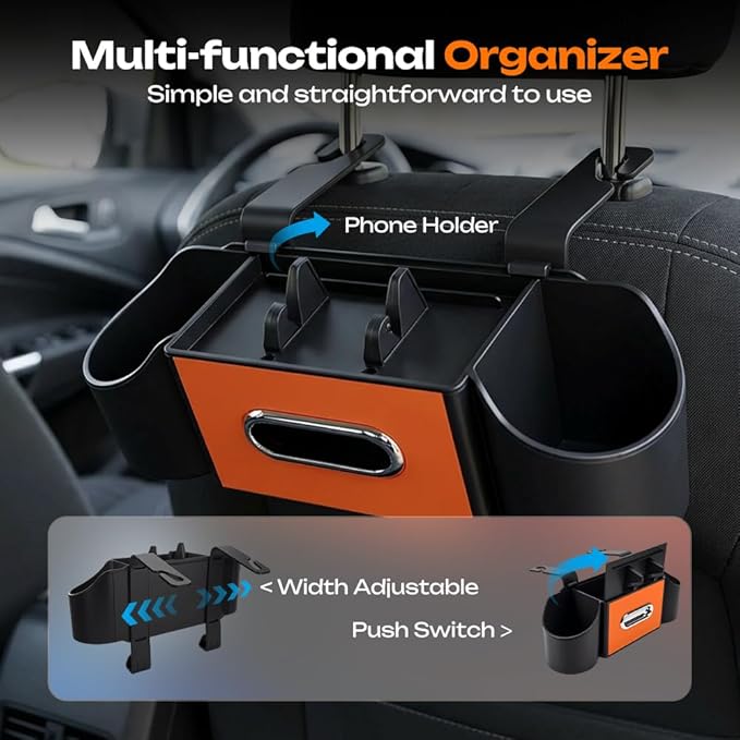 4-in-1 Car Backseat Organizer with Cup Holder, 2026 Upgraded Multifunctional Car Back Seat Organizer with Tissue Box, Trash Bin & Hooks for Hold Phones, Snacks, Drinks, and Handbags (Black)