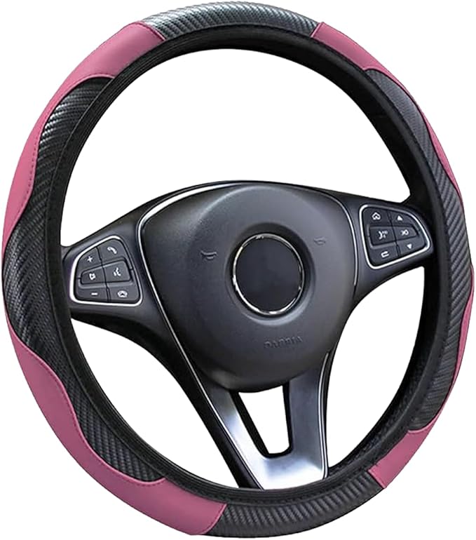 Car Steering Wheel Cover, 15 inch Carbon Fiber Microfiber PU Leather Elastic Steering Wheel Protector for Men Women,Universal Durable Car Decorative Fit for Most Cars, Trucks, SVU (Pink)
