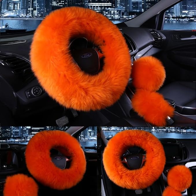 15inches Universal Leather Car Steering Wheel Cover Car Accessories Colorful Fuzzy Steering Wheel Cover Gear Shift Cover Handbrake Cover (Orange)