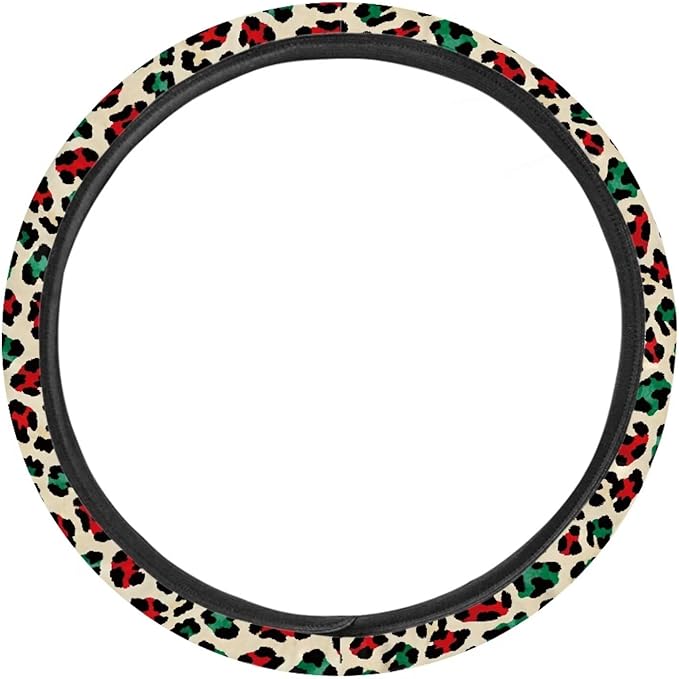 Universal Non-Slip Steering Wheel Cover, 15-inch Polyester Material Driving Accessories, Adjustable for Car and Truck(Artistic Red Green Leopard)