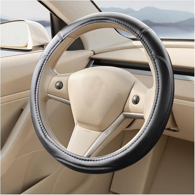 Car Steering Wheel Cover, 15 Inch Non-Slip Leather Full Surround Steering Wheel Guard with Inner Ring, Automotive Interior Protective Accessories, Compatible with Most Vehicle (Black)