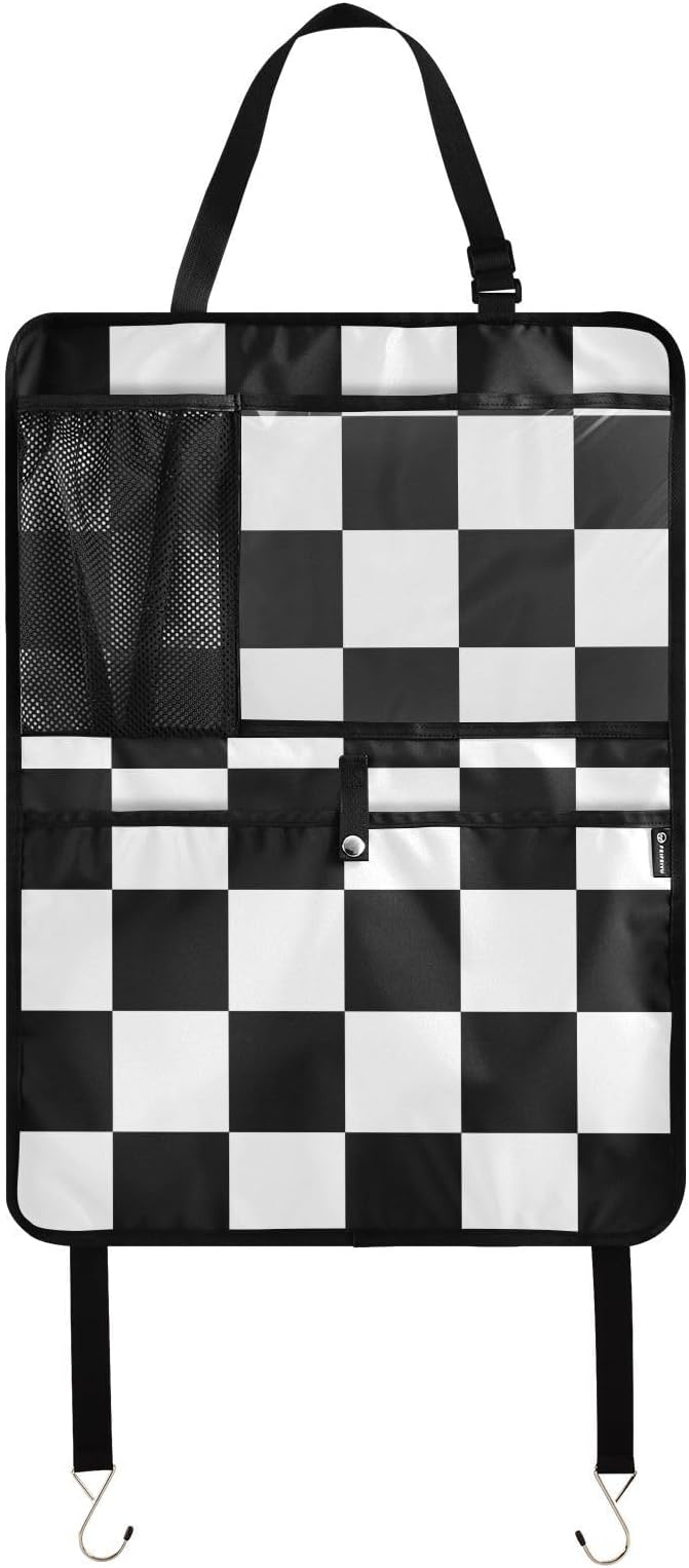 2 Pack Back Seat Car Organizer with Storage Pockets Kick Mats Back Seat Protector Hanging Car Organizer Automotive Seat Back Cover Organizers Checkered Black and White