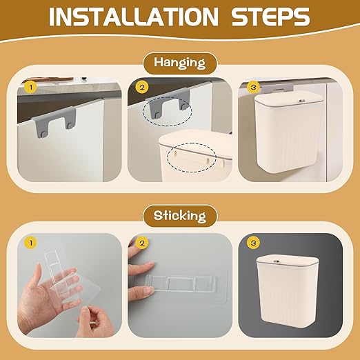 3 Pack Hanging Trash Can with Lid, Kitchen Compost Bin for Counter Top or Under Sink, Plastic Waste Basket Wall Mounted Garbage Can for Cupboard/Bathroom/Bedroom/Office/Camping (Cream)