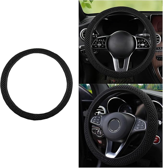 Stretch Elastic Steering Wheel Cover, All-Season Comfort, Warm in Winter & Cool in Summer, Universal 15 Inch Microfiber Breathable Ice Silk, Anti-Slip, Odorless, Easy Carry, Fit Car, SUV (Black)
