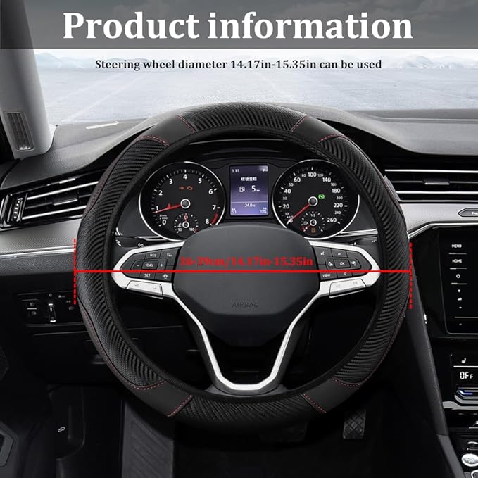 Car Steering Wheel Cover, Steering Wheel Protector, 15 inch Durable Leather Cover with Anti-Slip Lining, Universal Carbon Fiber Microfiber Leather Car Accessories for Most Cars (Black)
