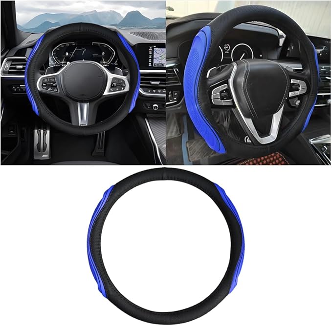 15 Inch Car Leather Steering Wheel Cover, Automotive Accessories Elastic Breathable Anti-Slip Soft Wheel Protector Fits Men and Women, Suitable for SUVs, Trucks, Vehicles and RVs (Black/Blue)