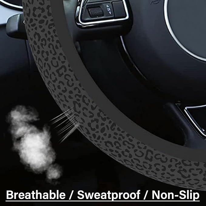 Leopard Print Steering Wheel Cover for Women Men, Anti-Slip Breathable Cute Steering Wheel Protector, Car Accessories Interior, Universal 14" 02/2-15" Fit Auto, Suvs