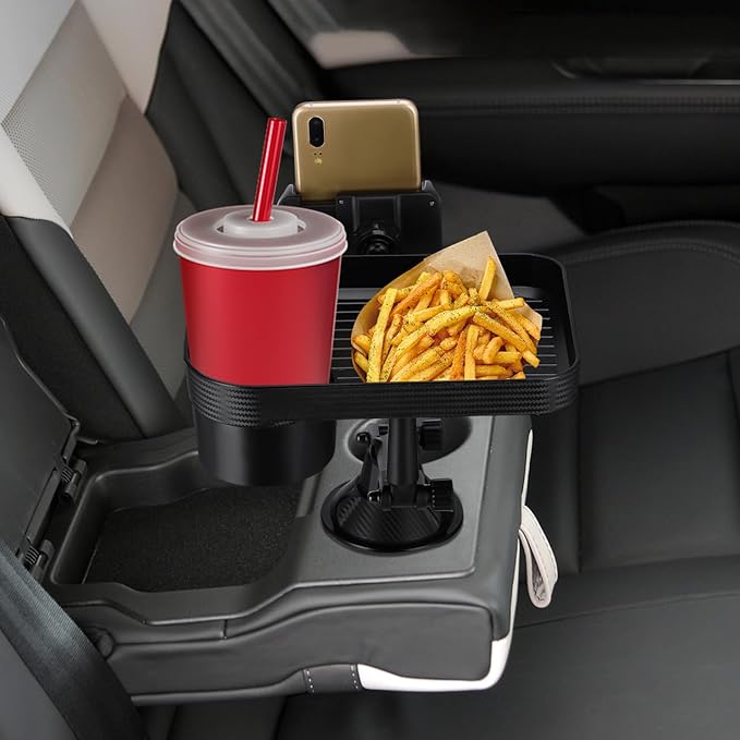 Car Cup Holder Tray - Car Trays for Eating, 3-in-1 Adjustable Swivel CAR Food Tray, Universal Vehicle Cup Holder Expander Drink Stand for Food, Phone - SUV Truck Road Trip Essentials
