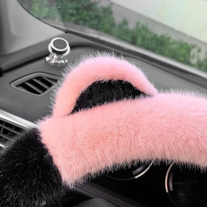 Car Steering Wheel Cover with Cat Ears Winter Warm Fuzzy Steering Wheel Protector Car Accessories Interior Decorations (Black+White)