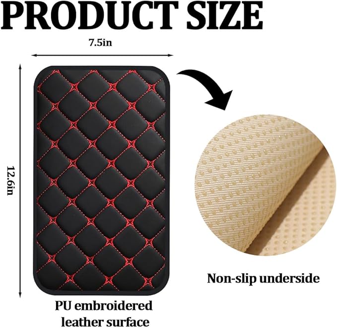 Car Center Console Cushion Pad, Comfortable PU Leather Vehicle Armrest Seat Box Cover, Waterproof Automotive Interior Arm Rest Protector Accessories, Universal Fit (Black/Red)