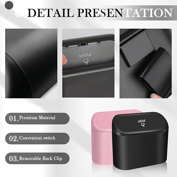 Portable Car Trash Cans with 2 Rolls Garbage Bag,Push-on Car Trash Bin with Lid & Hook for in-Vehicle Waste Disposal,Multipurpose Seat Organizer & Storage for Most Vehicles (Pink)
