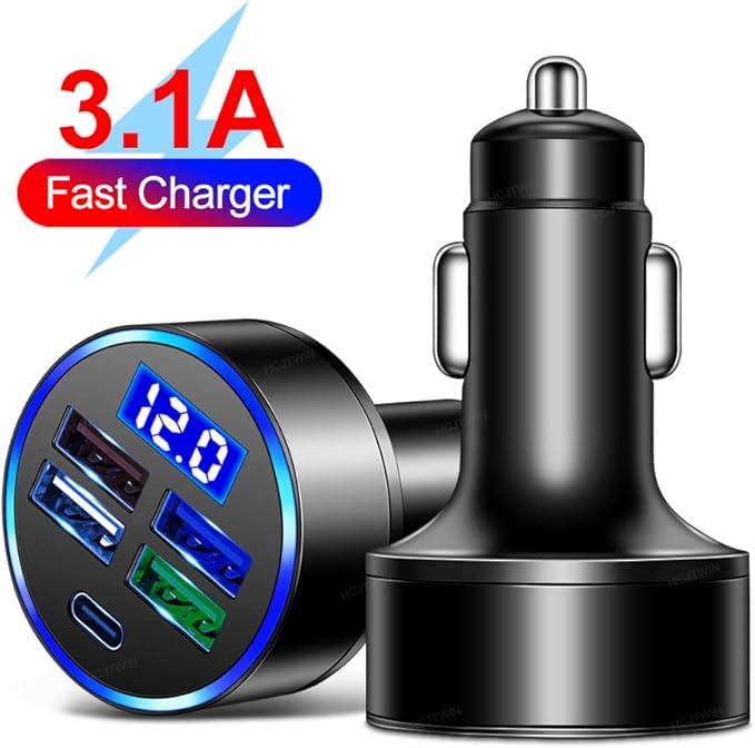 5 Port USB Car Charger(4USB+Type C) Compact Fast Charger Cigarette Lighter Adapter with LED&Voltage Monitor, Compatible with iPhone 14/Pro MacBook, iPad Pro/Air, Galaxy All Smart Phone(1Pcs