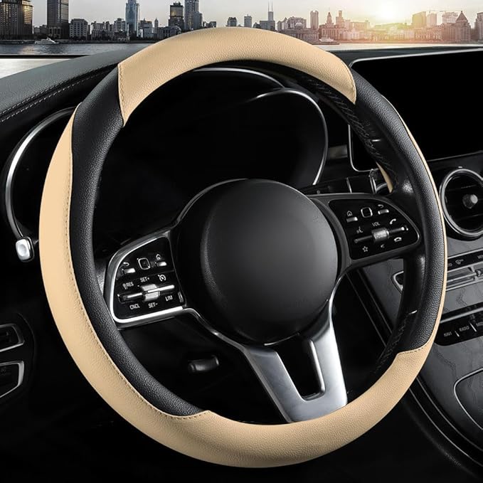 Car Steering Wheel Cover, Microfiber Leather Steering Wheel Cover Universal Fit 14.5-15 inch Anti-Slip Comfortable Breathable Car Wheel Protector for Men Women,Beige