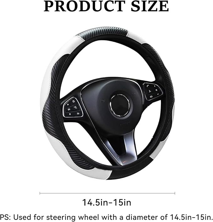Car Steering Wheel Cover, 15 inch Carbon Fiber Microfiber PU Leather Elastic Steering Wheel Protector for Men Women, Universal Durable Car Decorative Fit for Most Cars, Trucks, SVU (White)