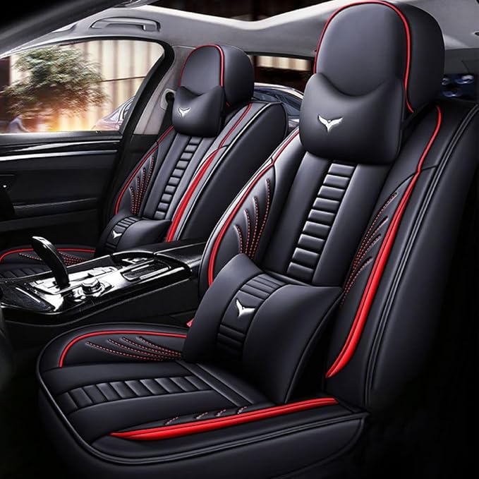 Niscarda for Volkswagen Taos Seat Covers 2022-2024, 3D Protection Faux Leather Seat Protector Car Interior Covers with 2 * Neck Pillow & 2 * Lumbar Support (Black and Red, Full Set)