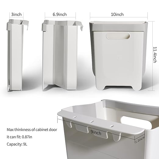 Hanging Collapsible Trash Can - 9L Wall Mounted Foldable Waste Bin for Kitchen Cabinet Door - Quickly Clean Counter, Sink, Bathroom - RV, Car, Camping Folding Garbage Basket (White)