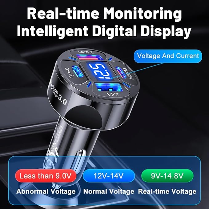 Multi Port USB C Car Phone Charger Adapter with Voltmeter, 4 in 1 100W Fast Charging Cigarette Lighter USB Charge for iPhone 16 15 14 13 12 11, Android, Samsung, iPad Pro (Black)