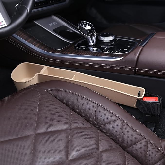 Car Seat Gap Filler, Multifunctional Seat Side Gap Filler with Cup Holder & Organizer, Gap Stopper Universal Fit Car SUV Truck Fill The Gap Between Seat & Console Set of 2 (Beige)