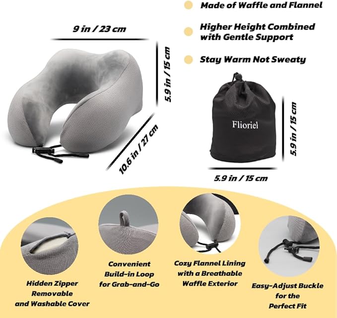 Flioriel Travel Pillow for Airplane with Soft Memory Foam, U-Shaped Neck Support, Plush & Waffle Washable Cover with Lanyard for Car, Office & Camping (Light Gray)