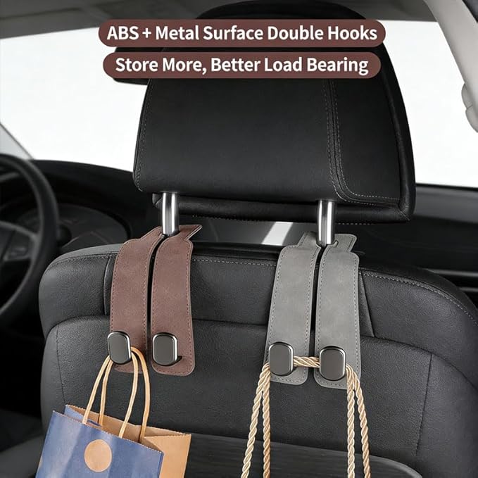 Velocury Car Seat Hooks for Purses and Bags, Foldable Headrest Hooks for Car, Faux Suede Back Seat Organizer for Groceries, Handbags and Accessories (Black, Pack of 2)