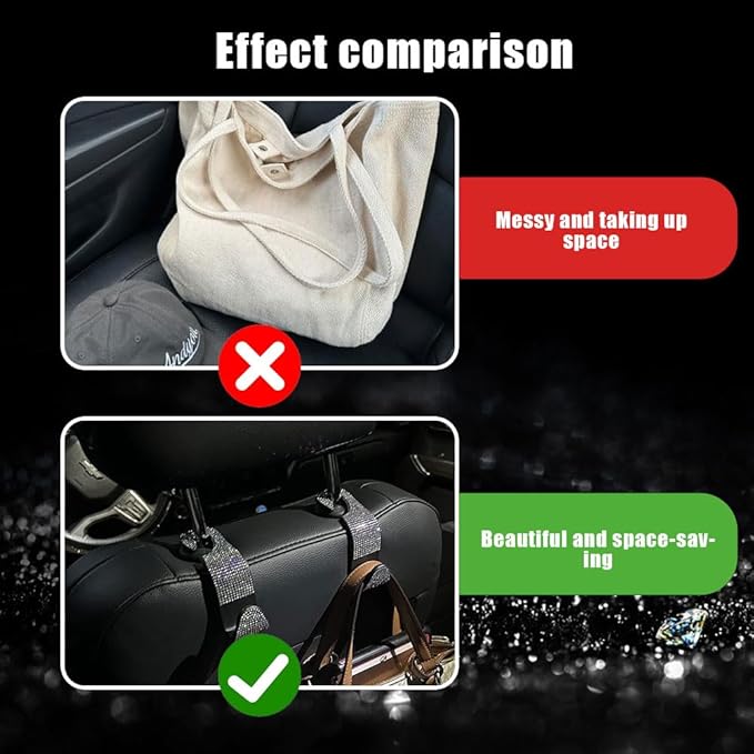 2PCS Car Seat Hooks, Purse Hook for Car, Crystal Rhinestone Vehicle Backseat Purse Holder, Auto Accessories Diamond Auto Seatback Storage Organizer Hanger for Handbag Clothes Purse (Red)