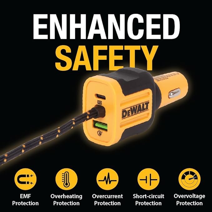 DEWALT Heavy Duty 72W 5 Port USB Car Charger Multiport, iPhone 16 Multi USB Car Charger, Fast Charge PD & QC3.0 Cigarette Lighter Adapter w/ 6FT Cable, Type C Front/Back Charging for Multiple Devices