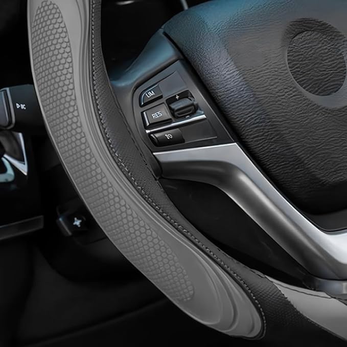 15 Inch Car Leather Steering Wheel Cover, Automotive Accessories Elastic Breathable Anti-Slip Soft Wheel Protector Fits Men and Women, Suitable for SUVs, Trucks, Vehicles and RVs (Gray)
