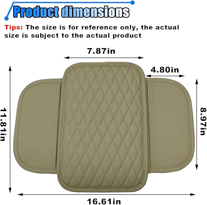 Car Center Console Cover, Car Armrest Cover Cushion, Leather Support Pad with 2 Storage Bags, Universal Interior Decorative Accessory for Most Vehicles, SUVs, Trucks, RVs (Beige)