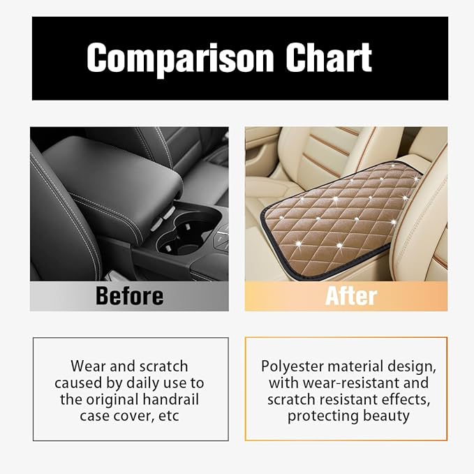 HZEL Bling Car Center Console Cover, Crystal Rhinestone Velvet Soft Vehicle Seat Armrest Box Protector Cushion, Comfortable Diamond Auto Arm Rest Mat Pad, Universal for Truck SUV Sedan (Beige)