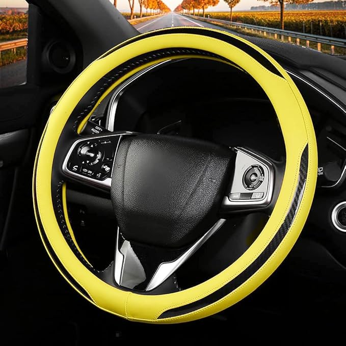 New Leather Car Steering Wheel Cover, Non-Slip Car Wheel Cover Protector Breathable Microfiber Leather Universal Fit for Most Cars(Yeiiow)