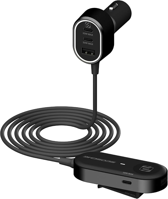 Scosche CPD100EX-VA1 Six Port 100W USB Car Charger Fast Charging Adapter PD 30W & 20W USB-C Ports & 18W USB-A Port, Travel Charger for Multiple Devices with 5FT extension Cable for iPhone 15, iPad Pro