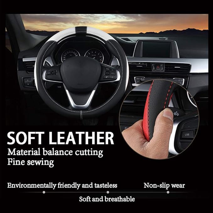 Black Microfiber Leather Car Steering Wheel Cover,Durable, Breathable,Snug Grip,Fit Most Car,Warm in Winter Universal Size 14.5 15 15.5 Inches(Black/White)