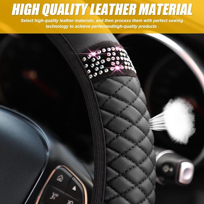 Bling Car Steering Wheel Cover, 15 Inch Crystal Rhinestone Elastic Stretch Leather Steering Wheel Protector, Vehicle Decor Accessories for Women Girls, Universal for RV, SUV, Truck (Black)