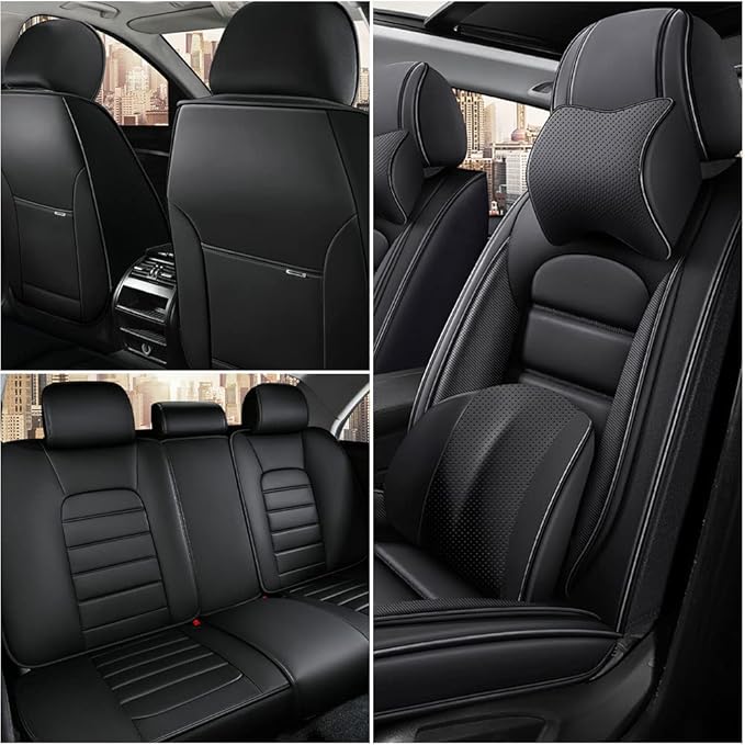 Iceleather Luxury Car Seat Covers for Ford Edge 2007-2025,Waterproof Soft Breathable PU Leather Seat Cover with Storage Pockets(Classic Black,Full Set with Pillow)
