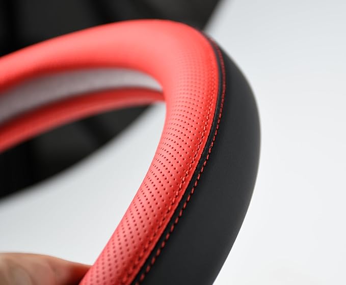 Nappa Napa Leather & Stitched Perforated Leather Steering Wheel Cover with Rubber Shaping Interior for 14.5 to 15 inches Sendan Coupe Pickup SUV