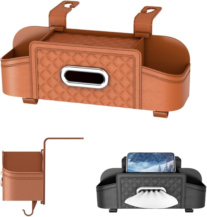3-in-1 Car Backseat Organizer with Cup Holder Tissue Box and Hooks, Multifunctional Car Seat Back Storage Box, Car Organizers and Storage Box for Travel SUV Sedan Truck Car Accessories (Orange)